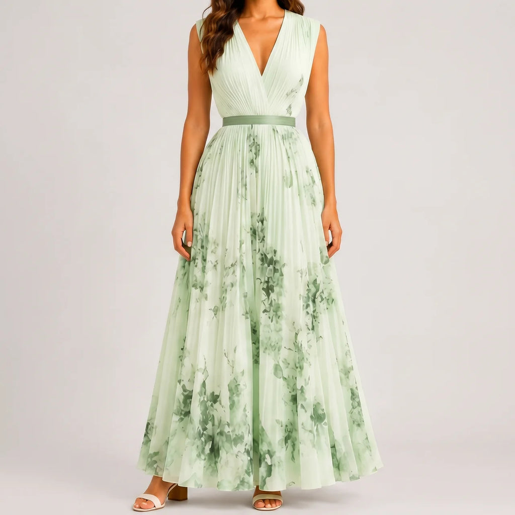 Front view of green floral V-neck maxi dress with sleeveless design and flowy silhouette by BELLA HUDSON