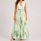 Front view of green floral V-neck maxi dress with sleeveless design and flowy silhouette by BELLA HUDSON