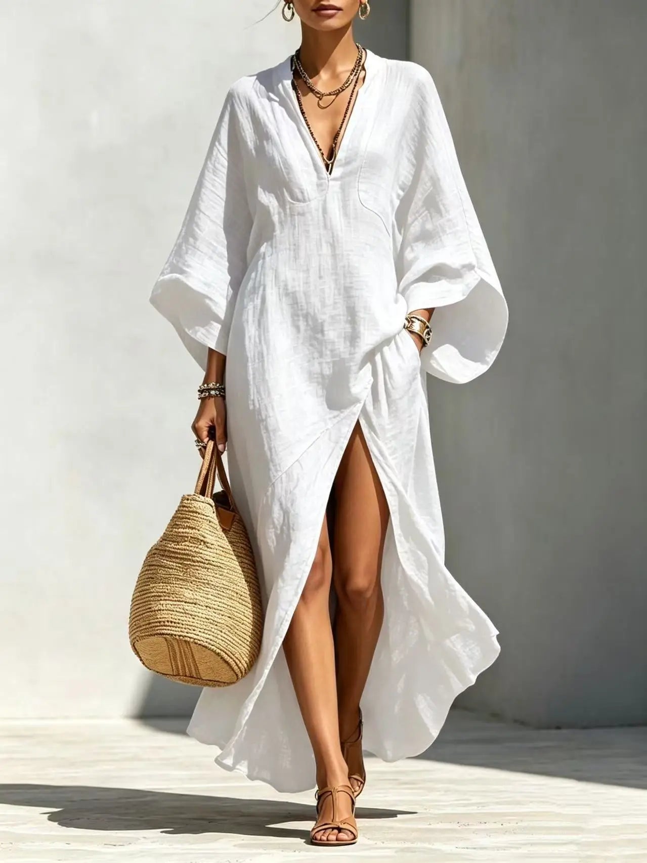 Guinevere batwing V-neck high-slit maxi dress, view 10