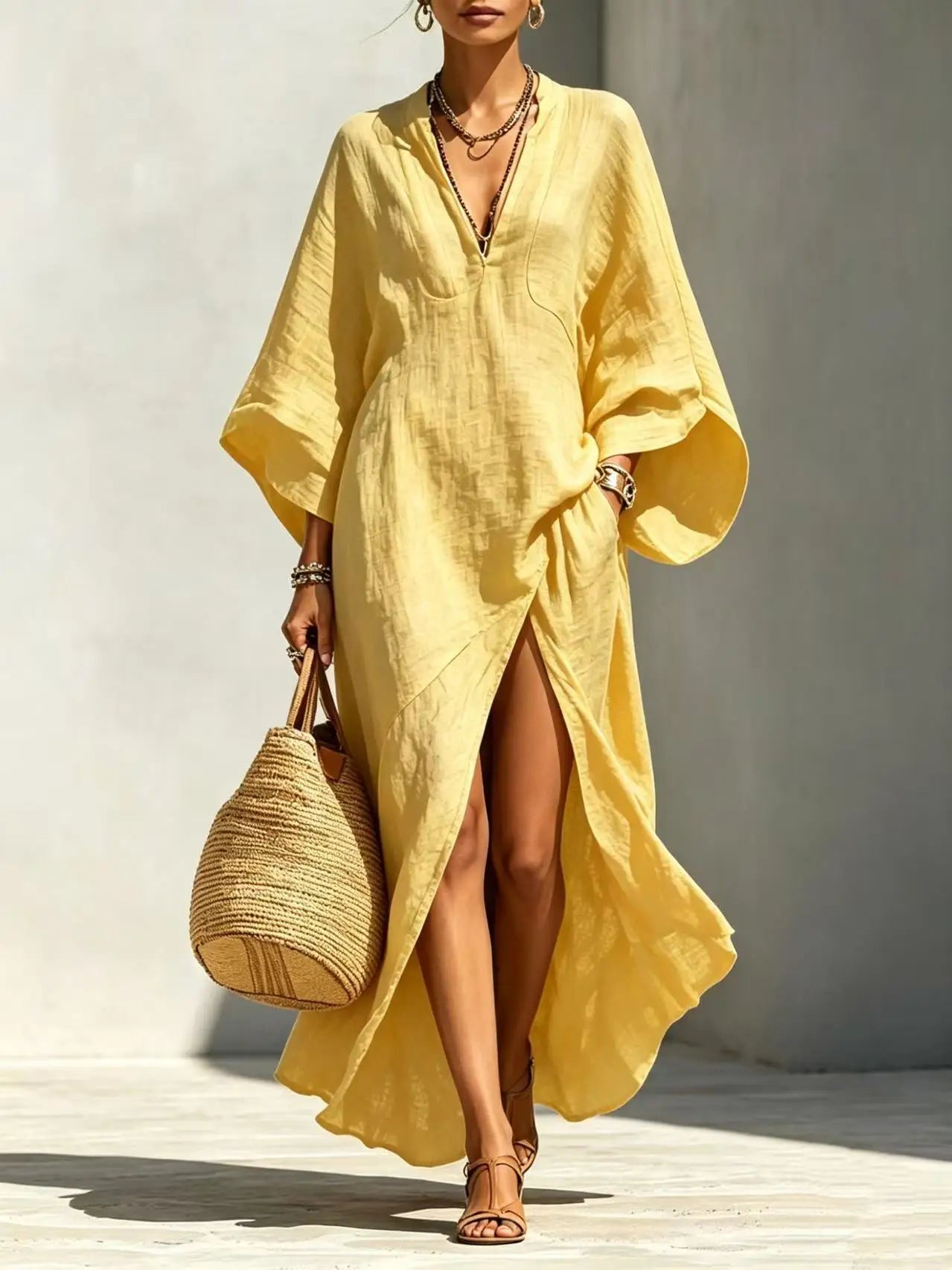 Guinevere batwing V-neck high-slit maxi dress, view 4