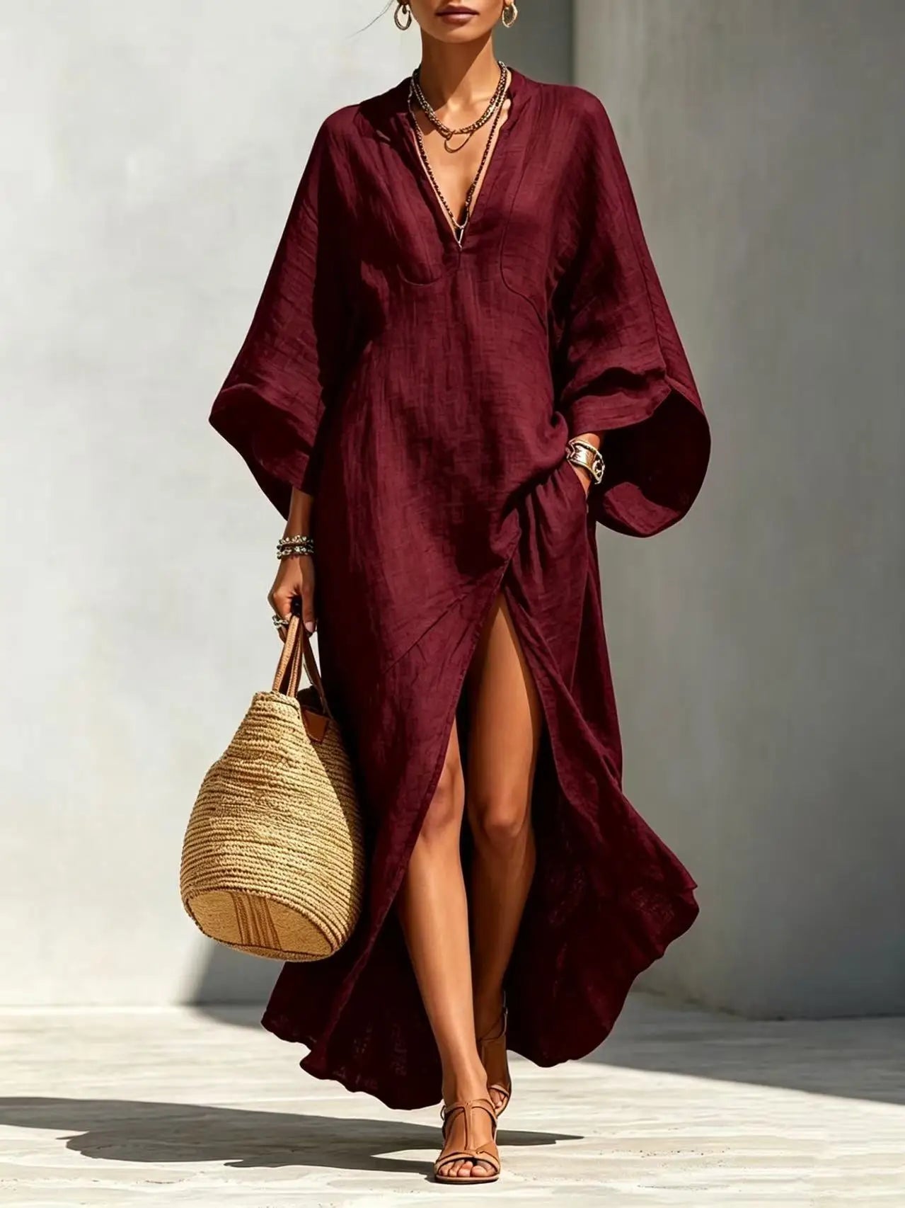 Guinevere batwing V-neck high-slit maxi dress, view 5