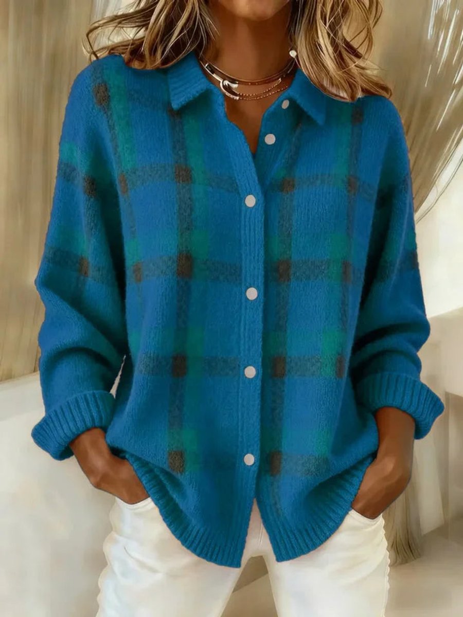 Hailey Blue plaid knit cardigan featuring a pointed collar, button-front design, roomy fit, long sleeves, and ribbed cuffs