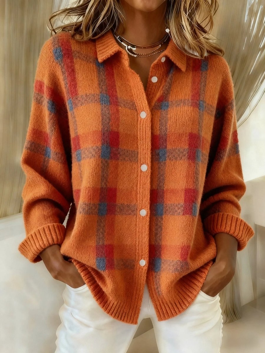 Hailey Orange plaid knit cardigan featuring a pointed collar, button-front closure, relaxed fit, long sleeves, and ribbed cuffs