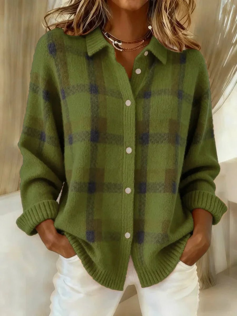 Hailey plaid knit button-front cardigan featuring a pointed collar, relaxed fit, long sleeves, and ribbed cuffs