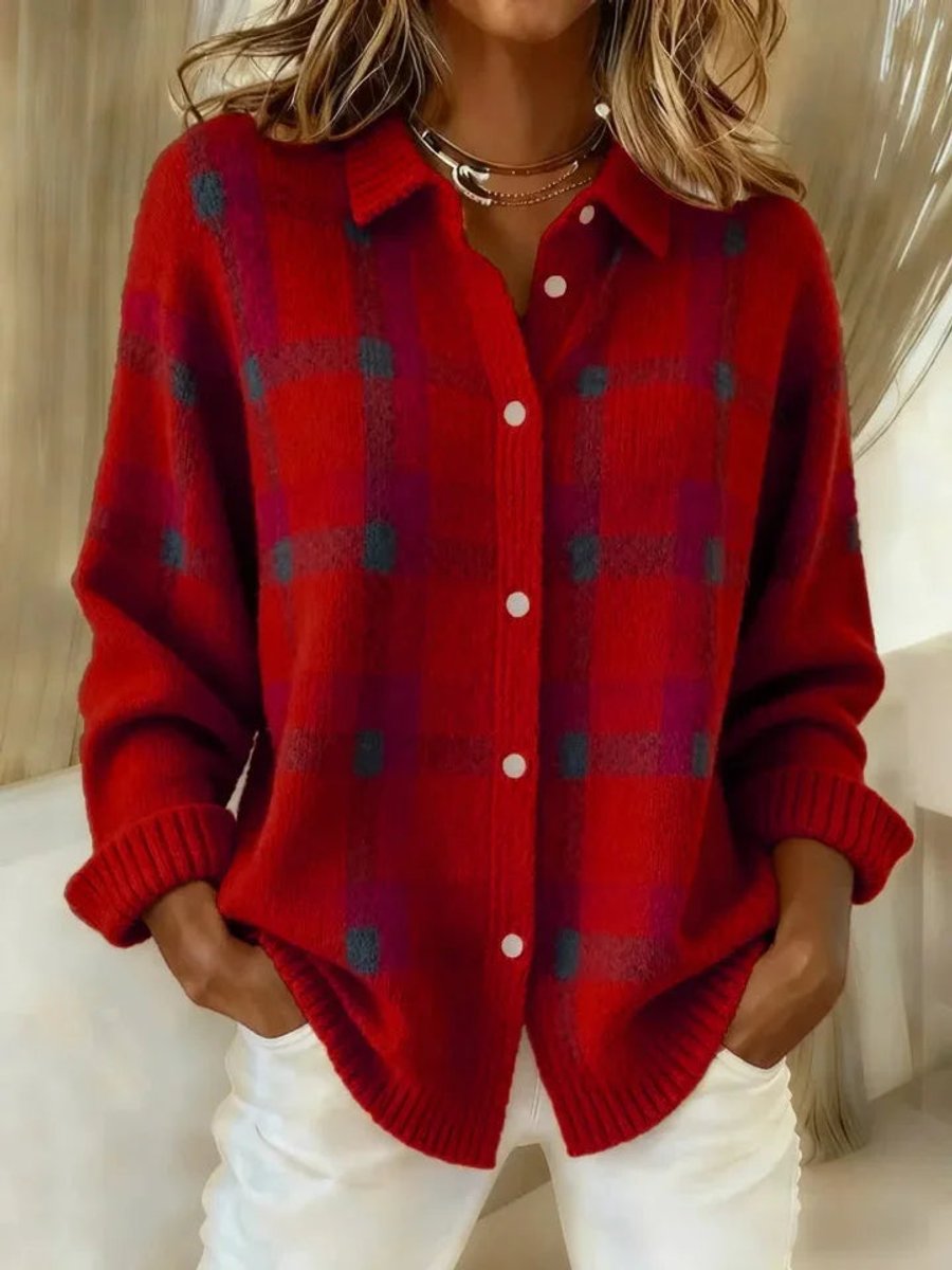 Hailey Red plaid knit cardigan with a classic pointed collar, full button front, relaxed silhouette, long sleeves, and ribbed cuffs