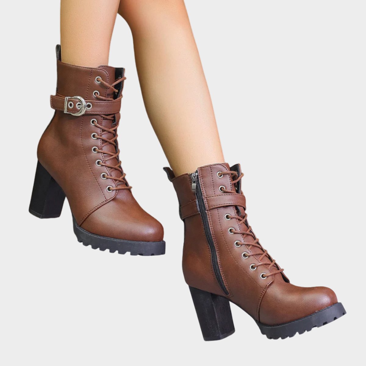 Halle Lace-Up Block-Heel Combat Boots, buckle view