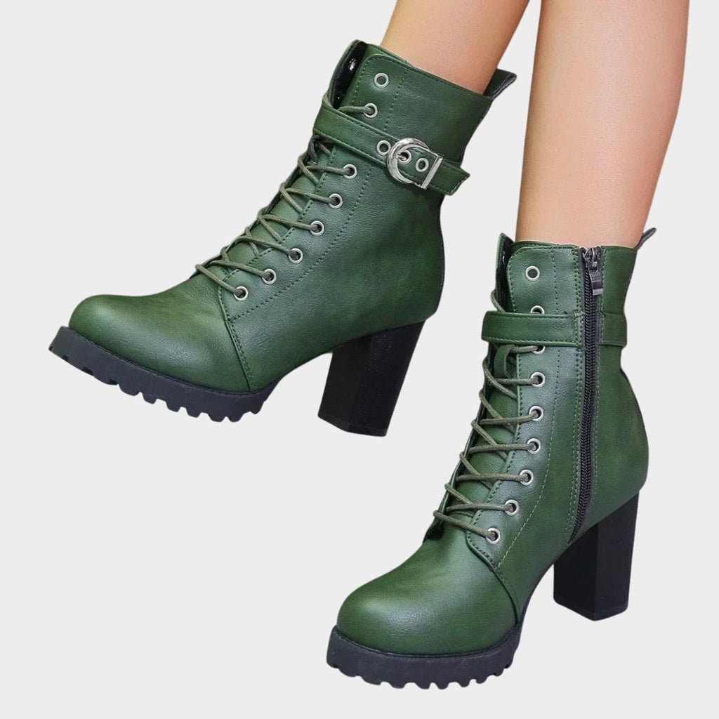 Halle Lace-Up Block-Heel Combat Boots, Green