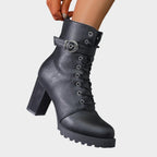 Halle Lace-Up Block-Heel Combat Boots, side view