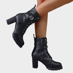 Halle Lace-Up Block-Heel Combat Boots, sole view