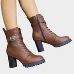 Halle Lace-Up Block-Heel Combat Boots, styled view