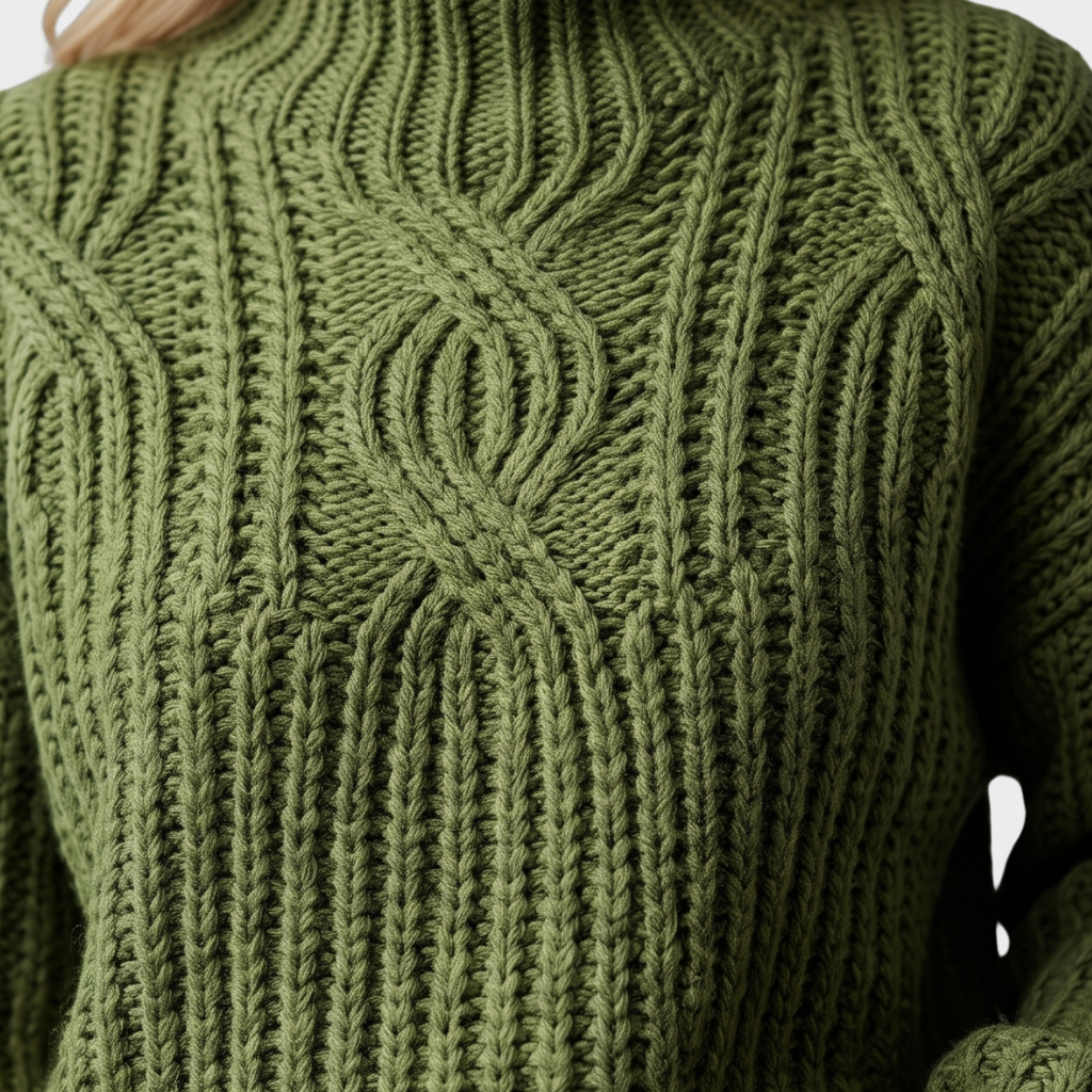 Close-up detail view of the Halvard Sweater Cable-Knit Turtleneck in green, featuring the chunky cable-knit pattern, ribbed turtleneck, and textured knit construction. Designed by Bella Hudson.