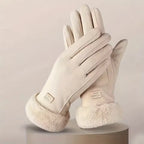 Hannah Beige touchscreen gloves with full-finger design, plush lining, decorative stitching, and soft faux-fur cuffs