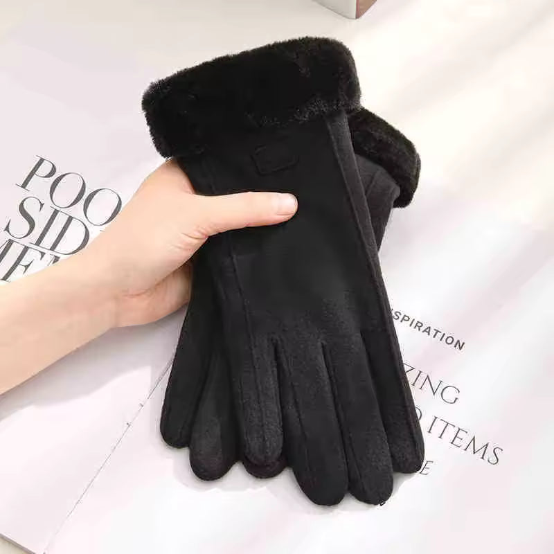 Hannah Black touchscreen gloves with a smooth exterior, plush lining, and soft faux-fur wrist cuffs