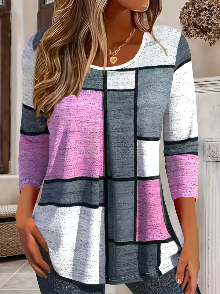 Hannah Pink geometric colorblock tunic top with abstract grid pattern and relaxed silhouette