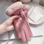 Hannah Pink winter gloves featuring a full-finger design, touchscreen functionality, plush lining, and faux-fur cuffs
