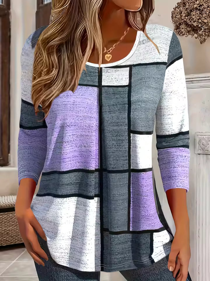 Hannah Purple geometric colorblock tunic top with long sleeves and extended hem