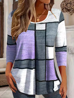 Hannah Purple geometric colorblock tunic top with long sleeves and extended hem