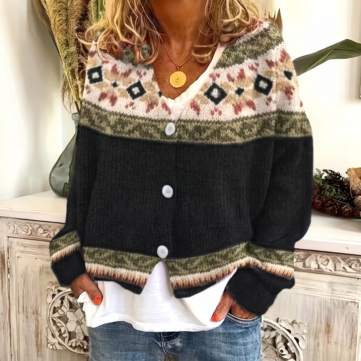 Harlow Black patterned button-front cardigan featuring a V-neckline, patterned yoke, long sleeves, and relaxed silhouette