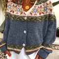 Harlow Blue patterned button-front cardigan with a V-neckline, geometric yoke detailing, long sleeves, and ribbed trim