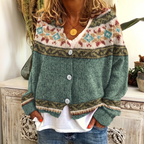 Harlow Green patterned button-front cardigan featuring a V-neckline, decorative yoke pattern, long sleeves, and relaxed fit