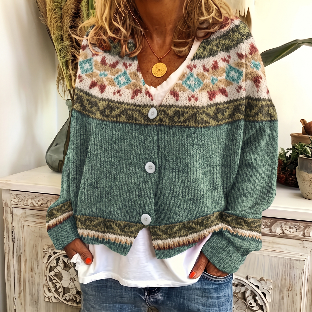 Harlow Green patterned button-front cardigan featuring a V-neckline, decorative yoke pattern, long sleeves, and relaxed fit