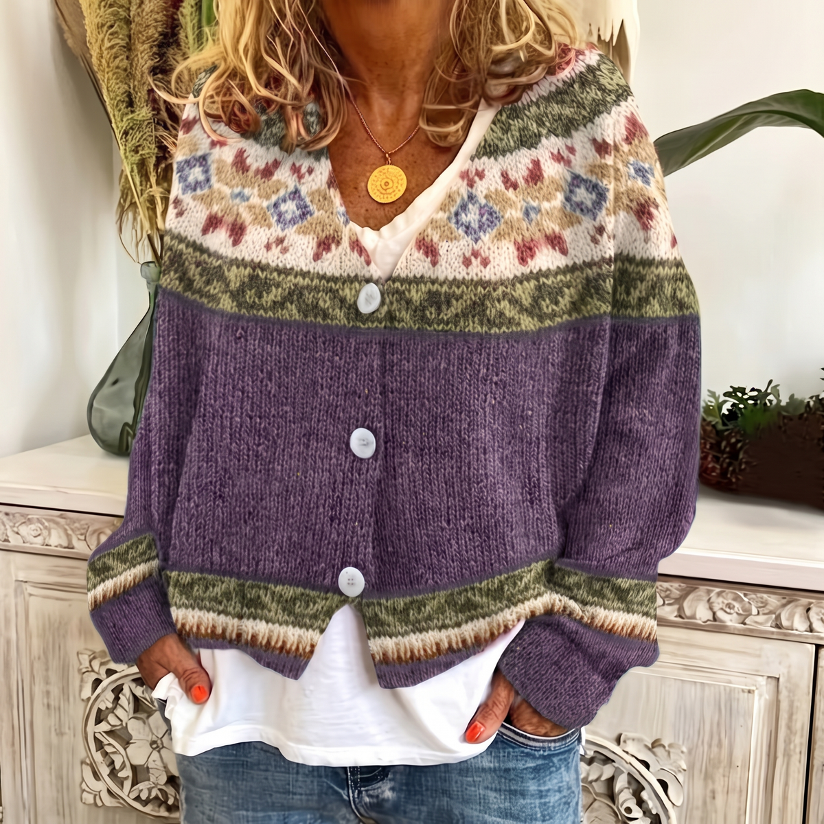Harlow patterned button-front cardigan shown with geometric yoke detailing, V-neckline, long sleeves, and ribbed trim