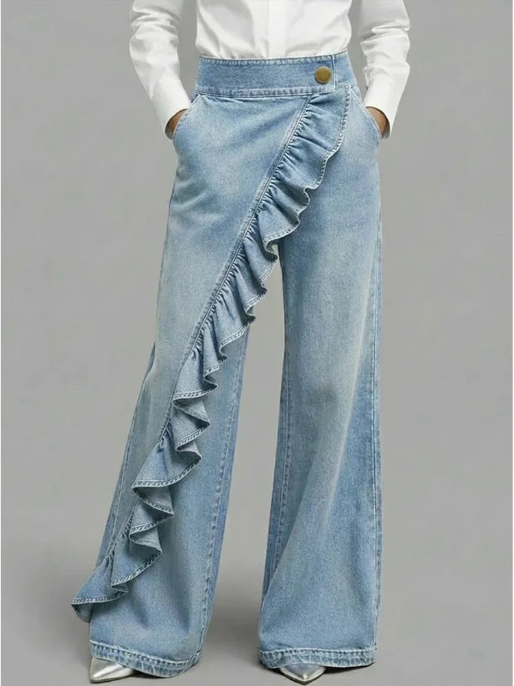 Harlow wide-leg ruffle denim jeans, view 2