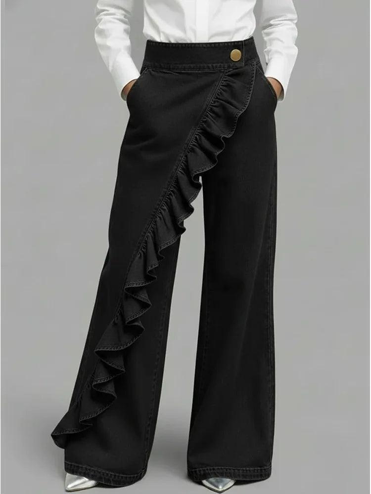 Harlow wide-leg ruffle denim jeans, view 3