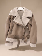 Harper Beige faux shearling aviator jacket with wide contrast collar, asymmetric zip front, long sleeves, zippered pockets, and belted hem