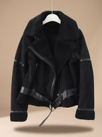 Harper Black faux shearling aviator jacket featuring a wide contrast collar, asymmetric zipper, long sleeves, zippered pockets, and belted hem