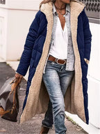 Harper Blue hooded long puffer coat with plush fleece lining, quilted design, adjustable drawstring waist, and front pockets