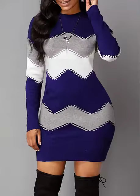 Harper Blue zigzag knit mini dress with crew neckline, long sleeves, and fitted bodycon silhouette