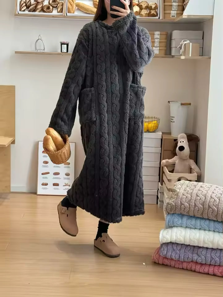 Harper Dark Gray jacquard maxi nightgown with relaxed fit and front pockets