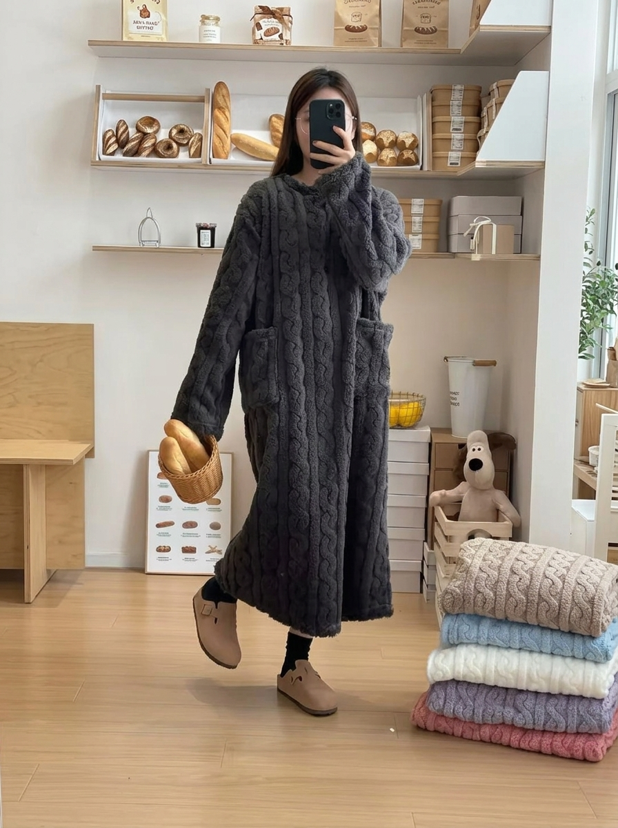 Harper Dark Gray jacquard maxi nightgown with relaxed fit and front pockets