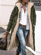 Harper Green hooded winter coat with plush fleece lining, long sleeves, front pockets, and an extended-length silhouette