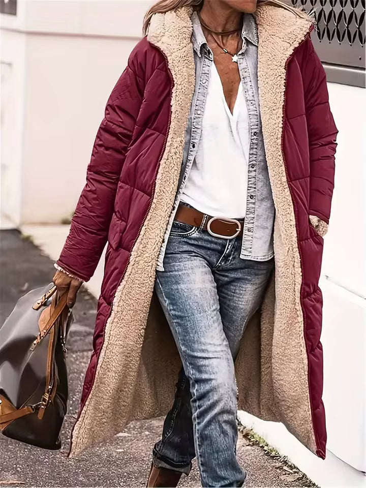 Harper hooded long puffer coat with plush fleece lining, oversized collar, quilted exterior, long sleeves, and front pockets
