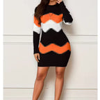 Harper Orange zigzag knit mini dress with contrasting geometric pattern and long sleeves
