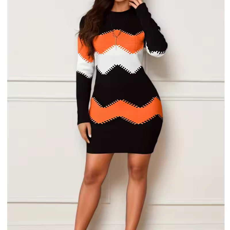 Harper Orange zigzag knit mini dress with contrasting geometric pattern and long sleeves