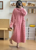 Harper Pink jacquard maxi nightgown with long sleeves, textured pattern, and front patch pockets