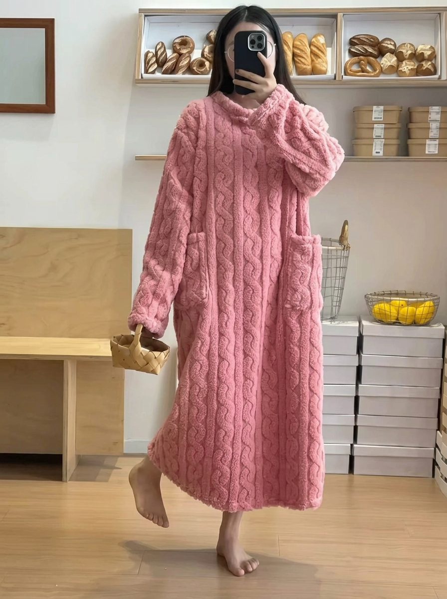 Harper Pink jacquard maxi nightgown with long sleeves, textured pattern, and front patch pockets