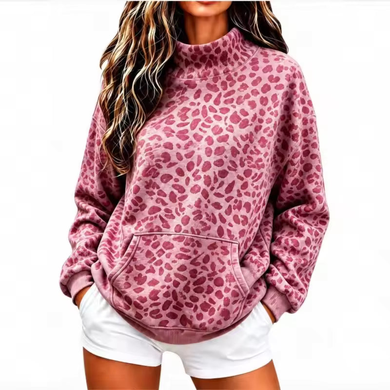 Harper Pink leopard-print pullover hoodie with relaxed silhouette, long sleeves, and kangaroo pocket