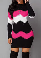 Harper Pink zigzag knit mini dress with crew neckline, bold geometric pattern, and bodycon fit