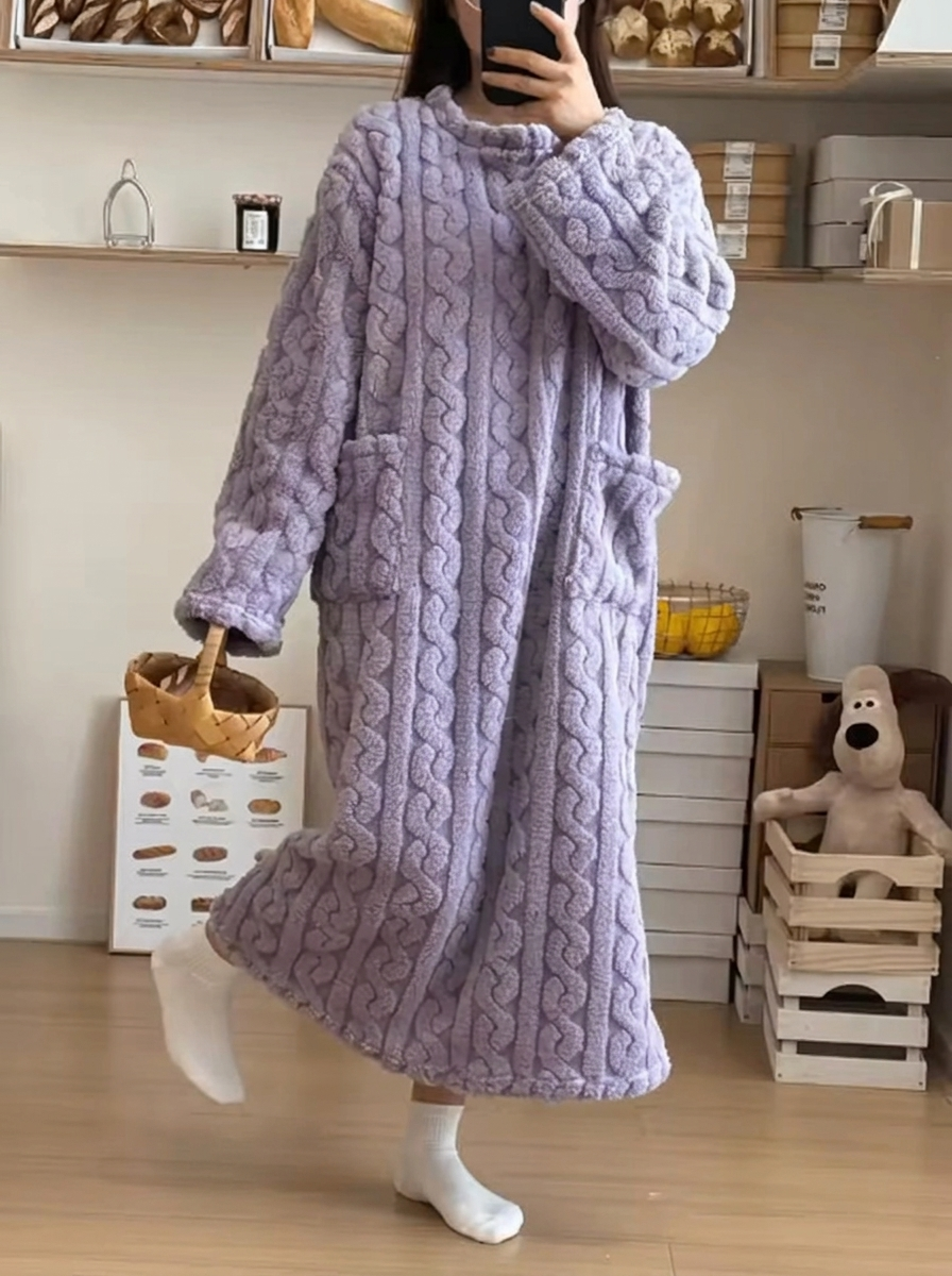 Harper Purple jacquard maxi nightgown with textured fabric and long sleeves