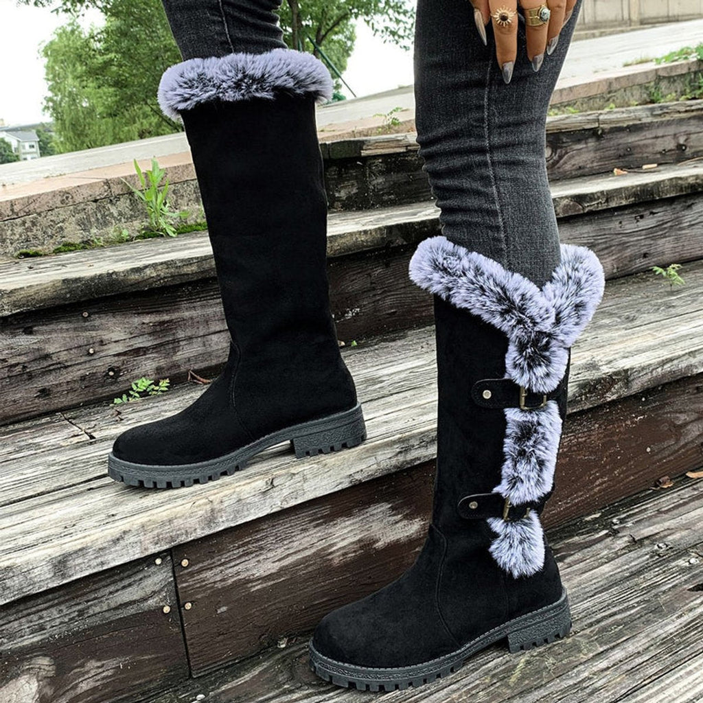 Harriet Faux-Fur Buckle Knee High Boots, back view