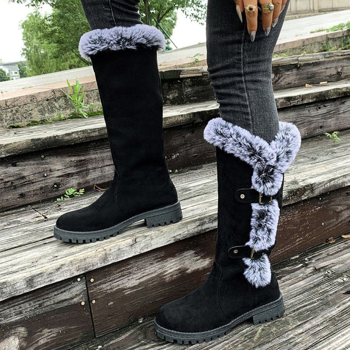 Harriet Faux-Fur Buckle Knee High Boots, back view