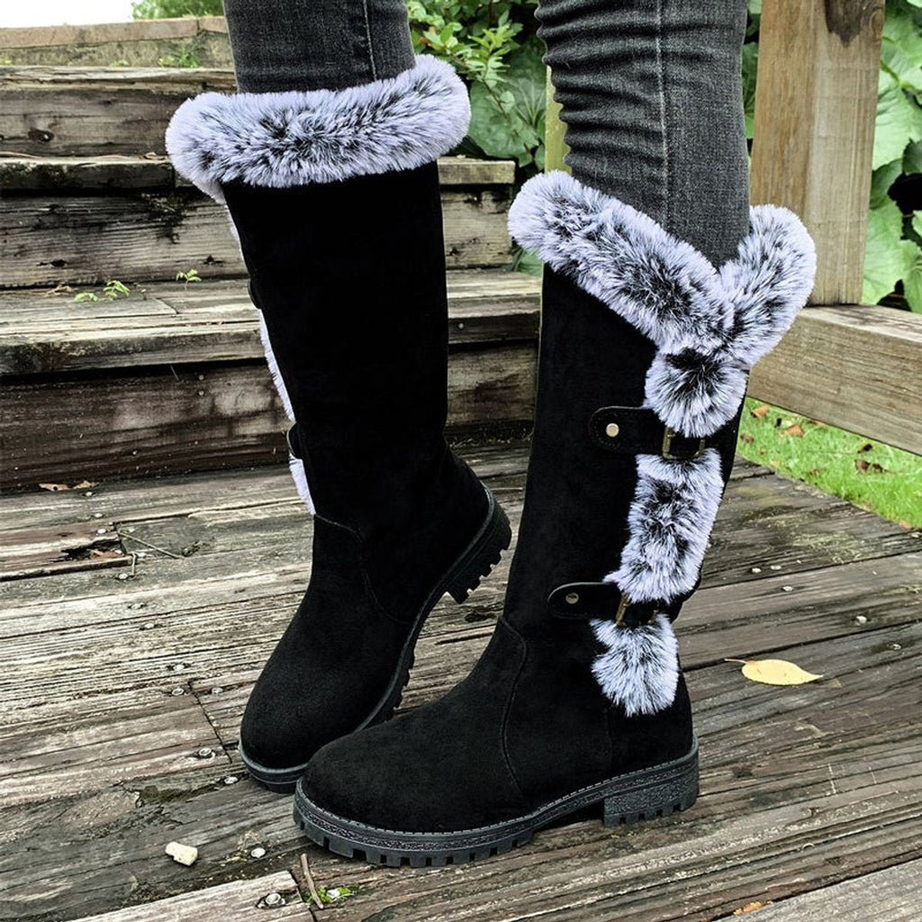 Harriet Faux-Fur Buckle Knee High Boots, Black