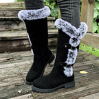 Harriet Faux-Fur Buckle Knee High Boots, Black