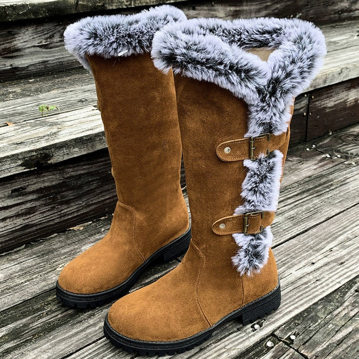 Harriet Faux-Fur Buckle Knee High Boots, lifestyle view