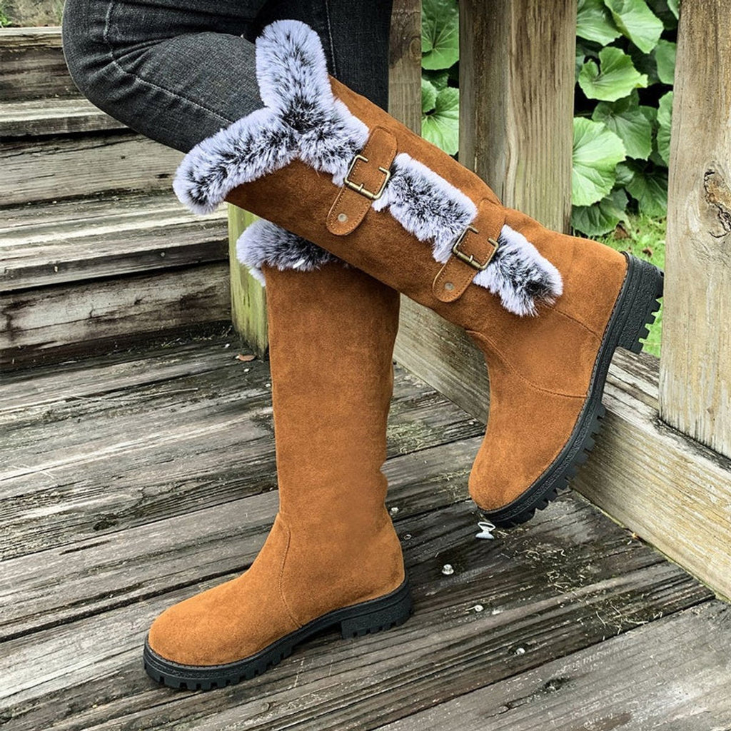 Harriet Faux-Fur Buckle Knee High Boots, Light Brown