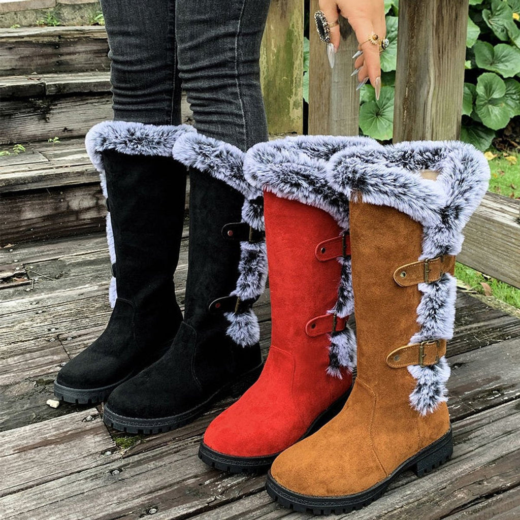 Harriet Faux-Fur Buckle Knee High Boots, lining view